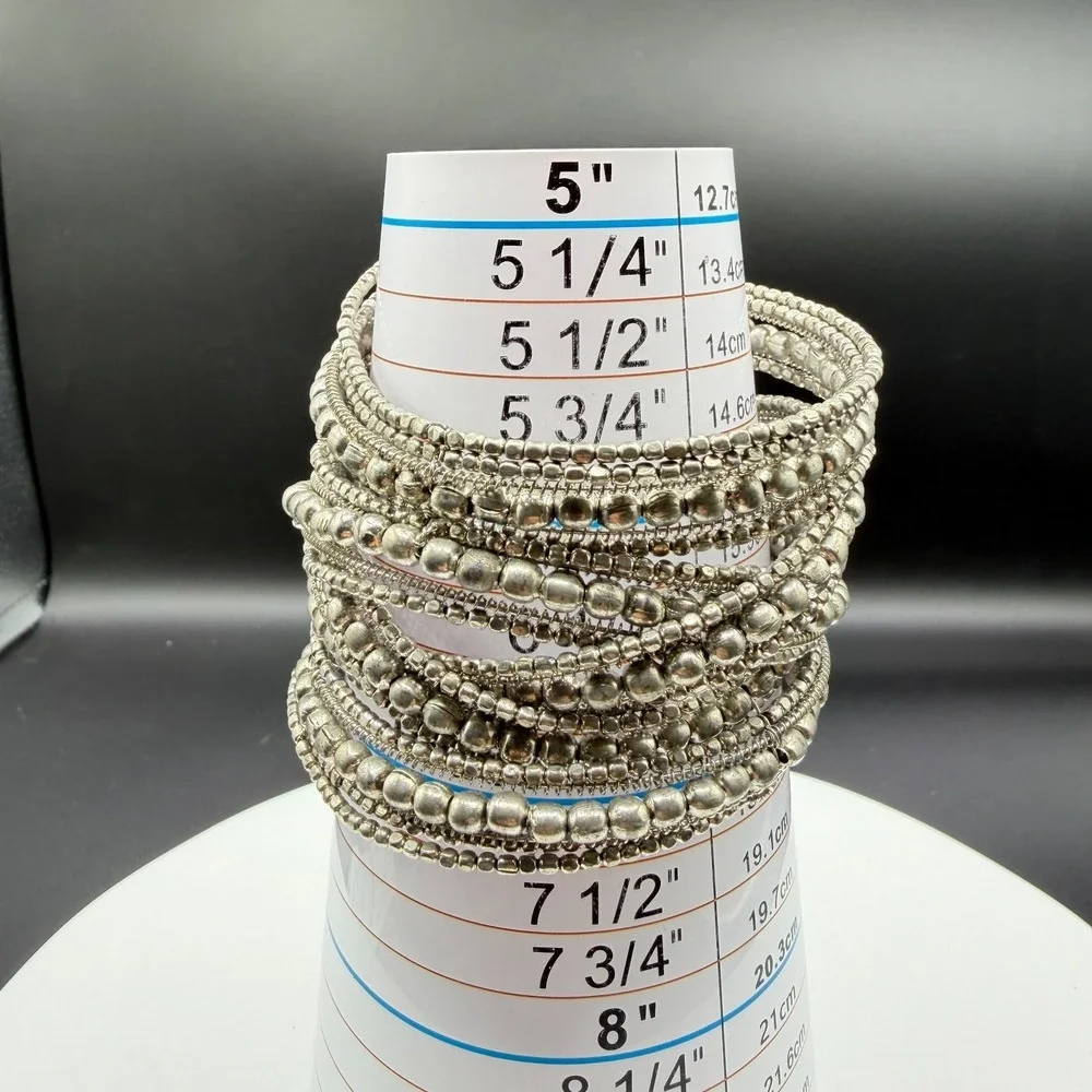 Silver Tone Multi Strand Beaded Wire Cuff Bracelet Boho Statement Festival Gift